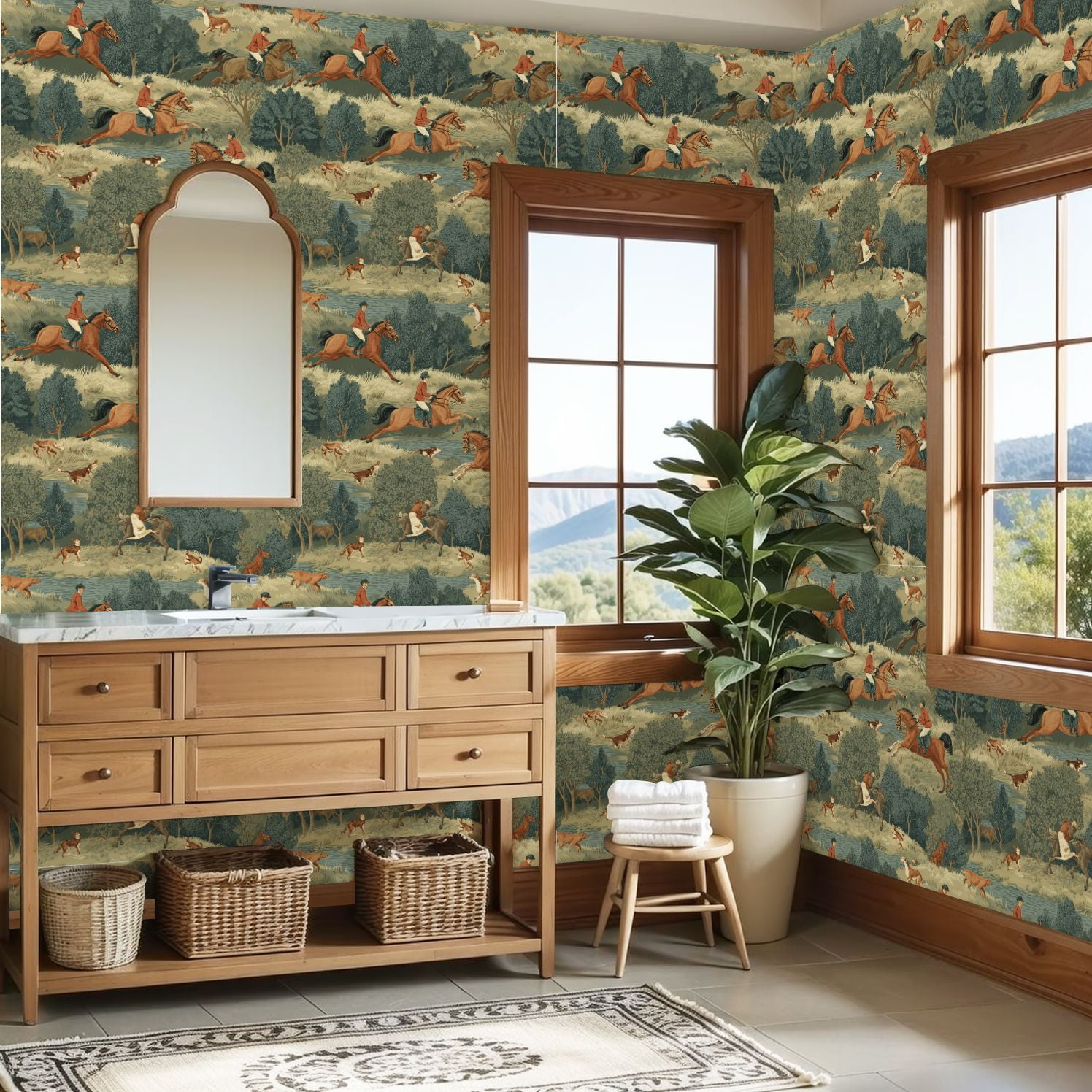 Hunt Peel and Stick Wallpaper 23.6in x 9.8ft Equestrian Chase Horses Riders Dogs Natural Landscape Contact Paper Vinyl Waterproof Self Adhesive Wall Paper for Bedroom Shelf Cabinet Renter Friendly