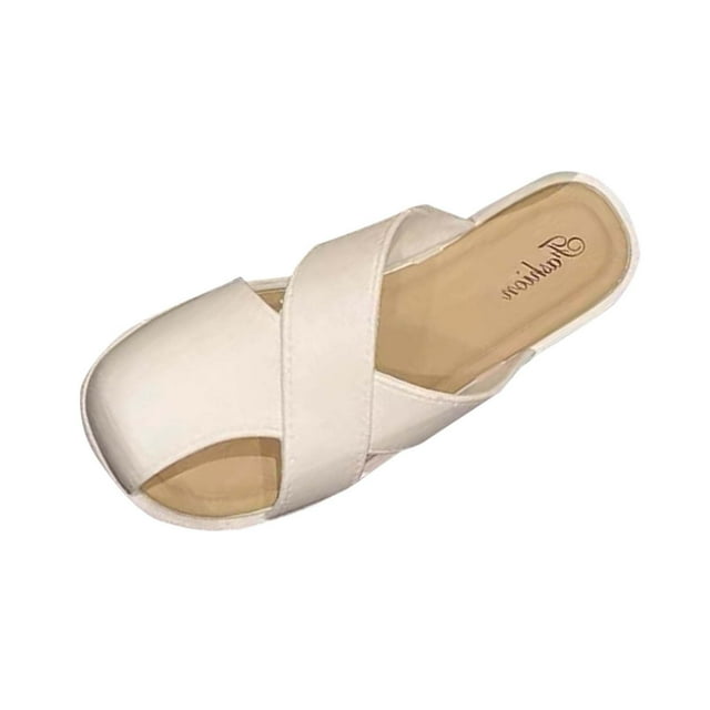 Flat Sandals for Women, Baotou Fish Mouth Style, PVC Upper, Slip-On Design, Apricot Beige Color, Spring Summer Outdoor Wear