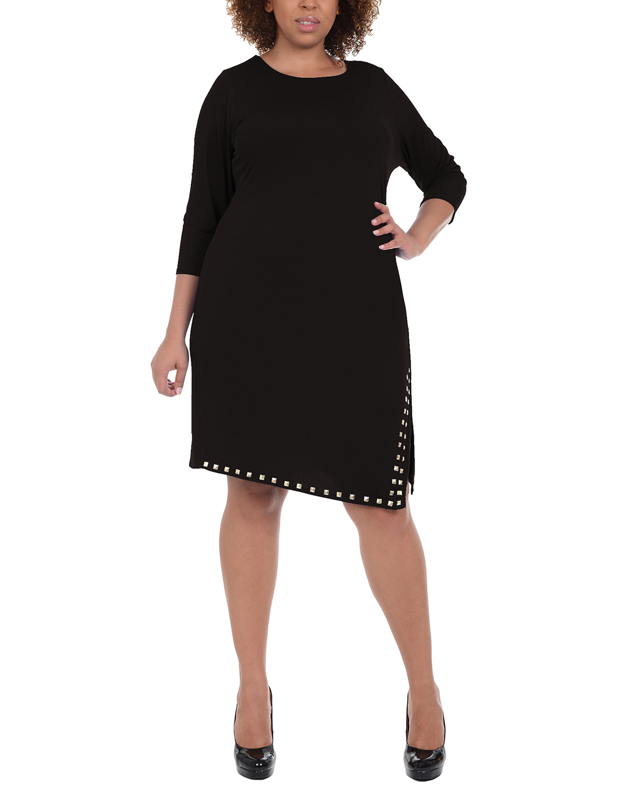 NY Collection Womens Plus Size 3/4 Sleeve Fit and Flare Dress with Solid Top and Printed Skirt