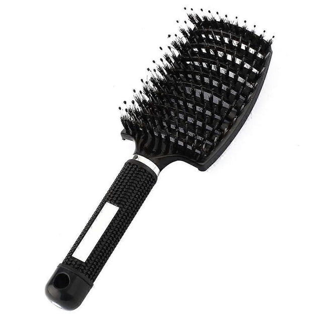 Cepillo desenredante curvo ventilado para cabello grueso con cerdas de nailon y mango antideslizante.