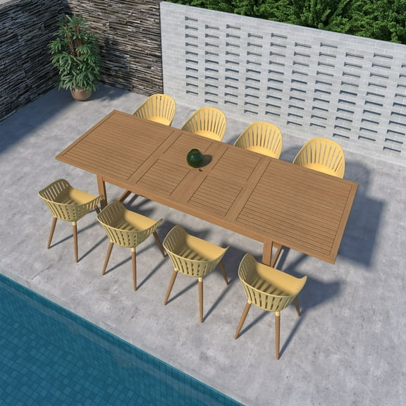 Menorca 9-Piece Teak Finish Wood 100% FSC and Aluminum Extendable Patio Dining Set With Yellow Chairs
