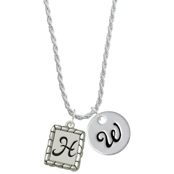 Delight Jewelry Silvertone Pebble Border Initial - H Silvertone Script Initial Disc - W - Charm Necklace, 20"+3"