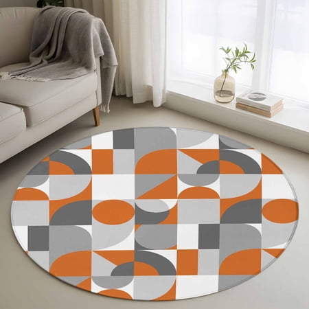 3ft Washable Round Rug Nordic Retro Non-Slip Circle Area Rug for Bedroom Bedside Orange Grey Geometric Abstract Art Soft Indoor Floor Mat for Home Decor