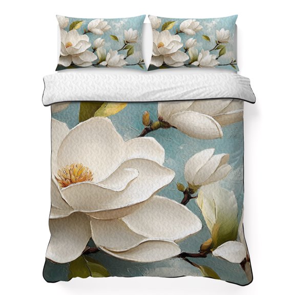 White Floral 3 Piece Quilt Bedding Set with 2 Pillow Shams, Magnolia Plant Leaf Lightweight Bedspread Coverlet, Soft Breathable All Season Quilt, 96 x 106 Inch