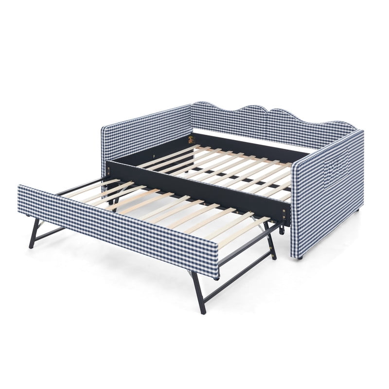 Full Size Gingham Daybed with Trundle, Upholstered Day Bed Frame with Side Storage Pocket & Wave-Shaped Backrest, Modern Sofa Bed for Living Room, Bedroom, No Box Spring Needed