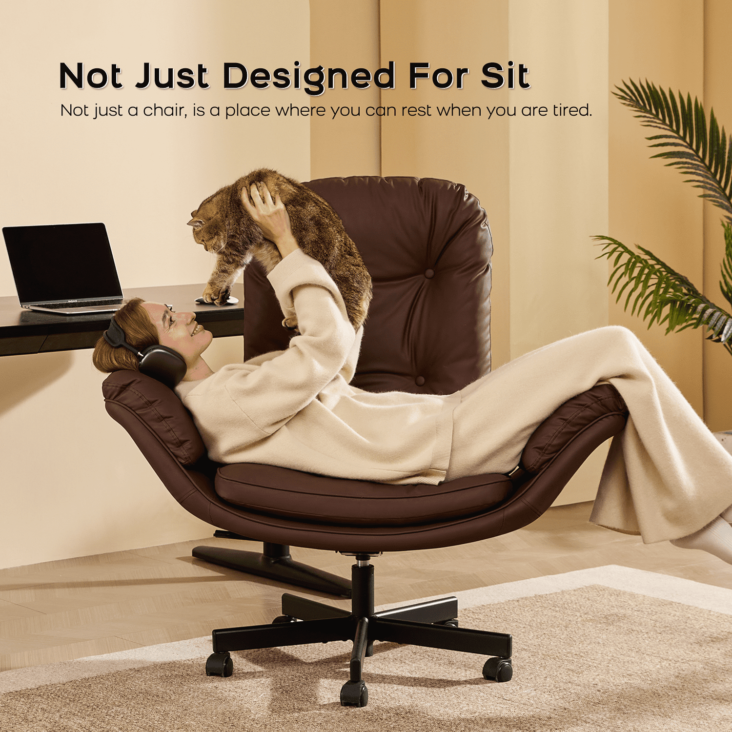 TMV PU Leather Office Chair Criss Cross Chair,Vanity Chair with Armrests & Wheels for Cross-Legged,Adjustable Swivel Desk Chair Wide Rolling Chair for Adults,Brown