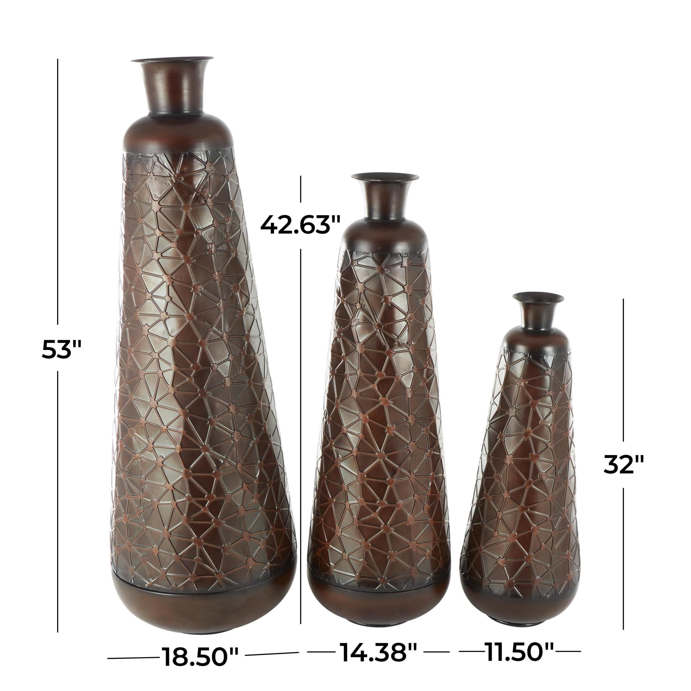 DecMode 53", 43", 32"H Tall Teardrop Shaped Dark Brown Metal Vase with Brown Trumpet Tops, Set of 3