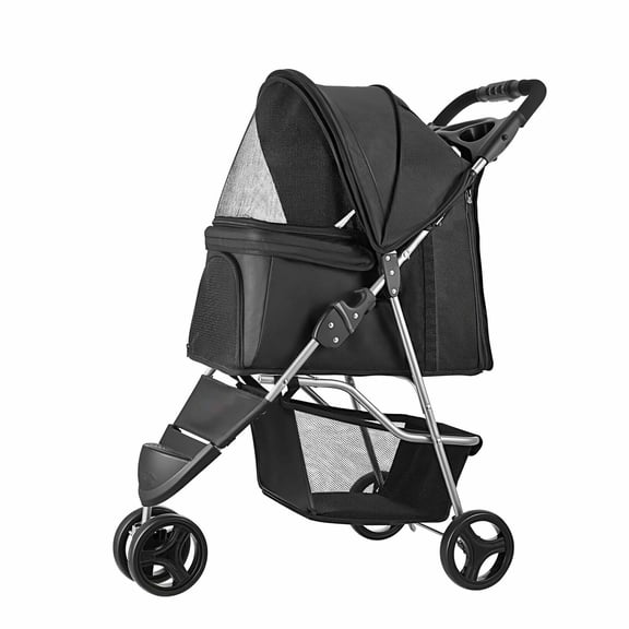 Pet Stroller 35lbs, Foldable Dog Cart, 3 Wheel Cat Stroller, Mesh Windows & Cup Holders, Portable Pet Carrier with Brake for Small Medium Pets