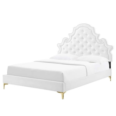 Tufted Platform Bed Frame, Twin Size, Velvet, White, Modern Contemporary Urban Design, Bedroom Master Guest Suite