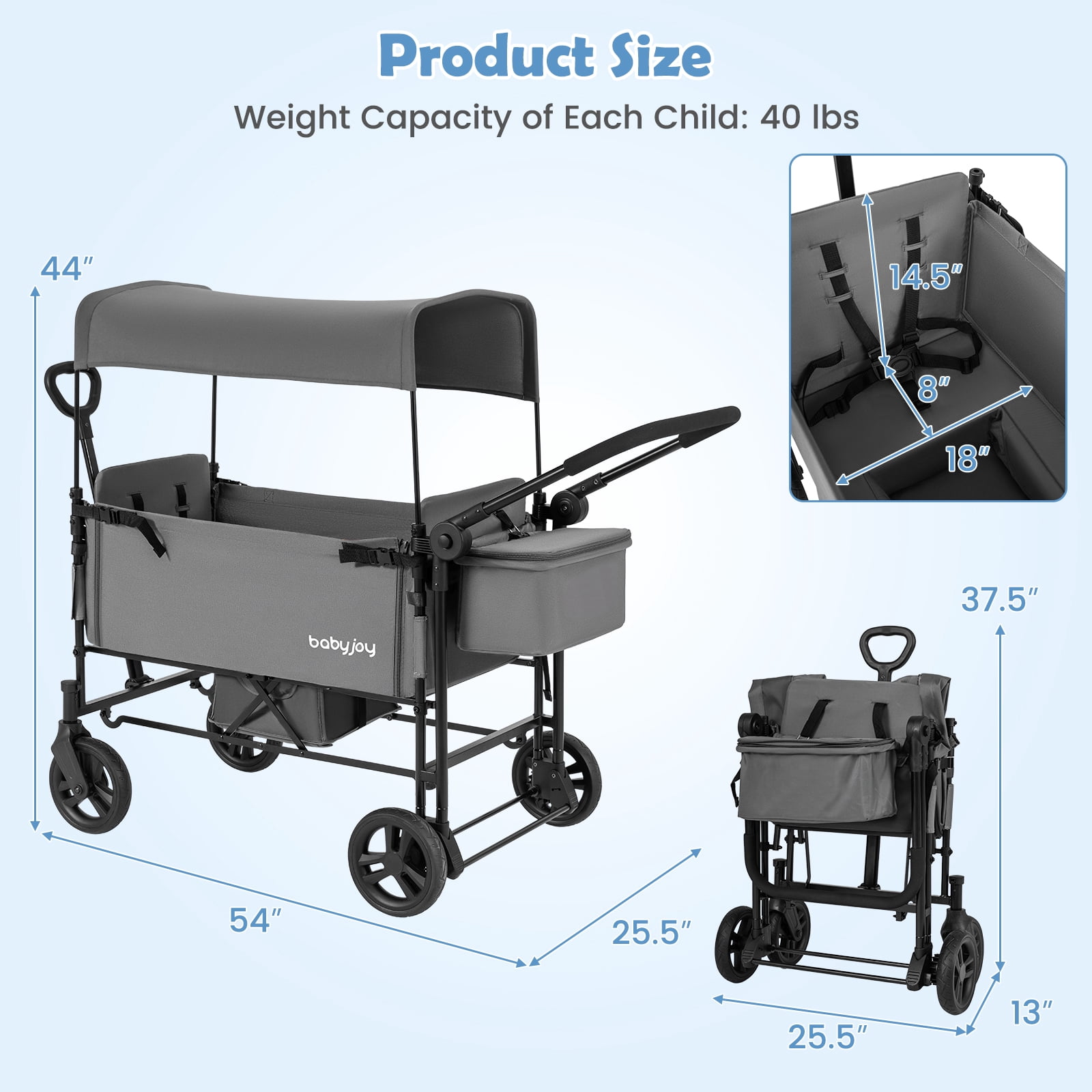 Babyjoy Foldable Wagon Stroller ,Baby Stroller with Removable Canopy,Adjustable Handle Gray