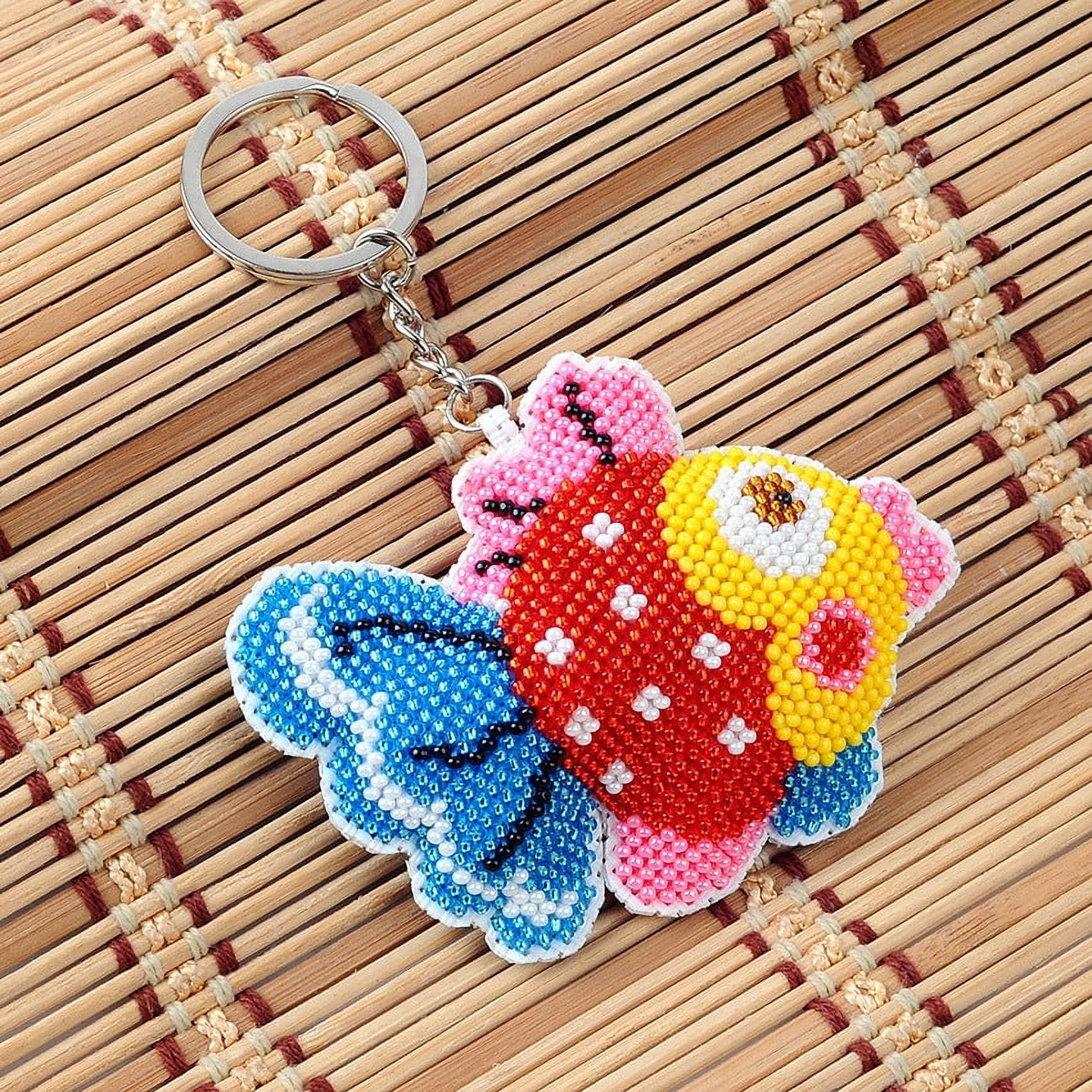 DIY Beaded Keychain Kit Handmade Fashion Accessory Embroidery Supplies with Beads Key Ring and Pattern for Decoration