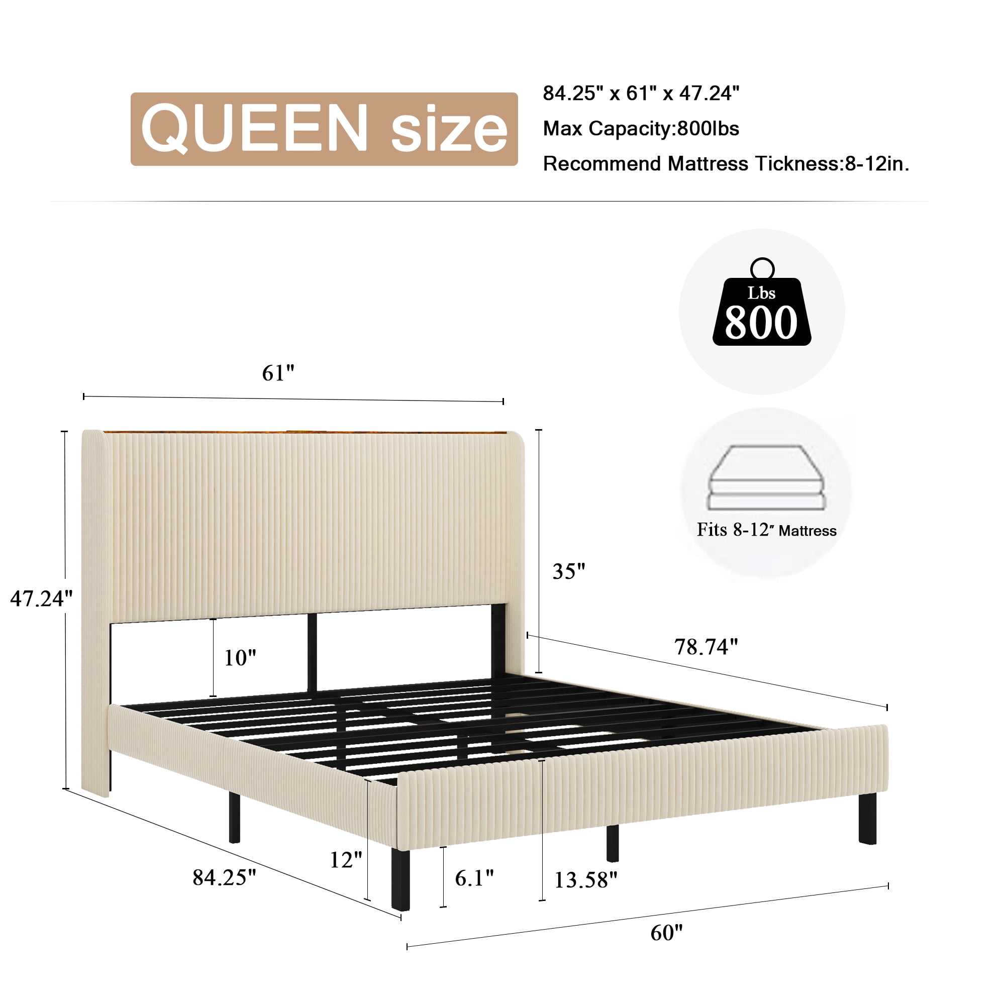 Modern Classic Queen Size Bed Frame with Charging Station,Sturdy Metal Construction,Noise-Free Design,Easy Assembly,No Box Spring Needed for Bedroom,Dorm,Apartment House,Beige