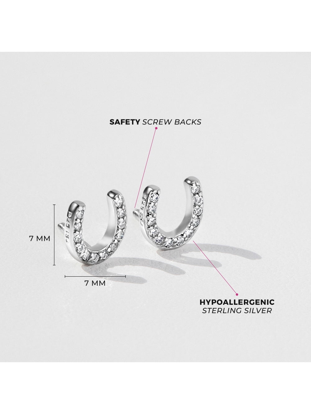 Jeweled Horseshoe Baby / Toddler / Kids Earrings Screw Back - Sterling Silver