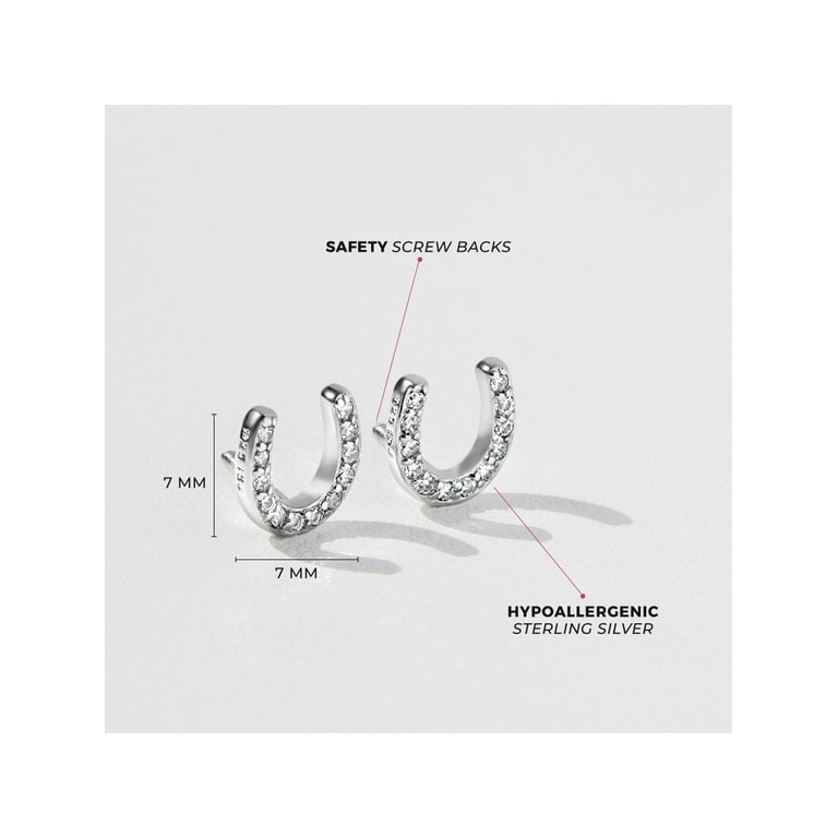 925 Sterling Silver CZ Horseshoe Earrings for Girls Screw Back Kids Good Luck, Girl's, Size: 0 inch, Clear