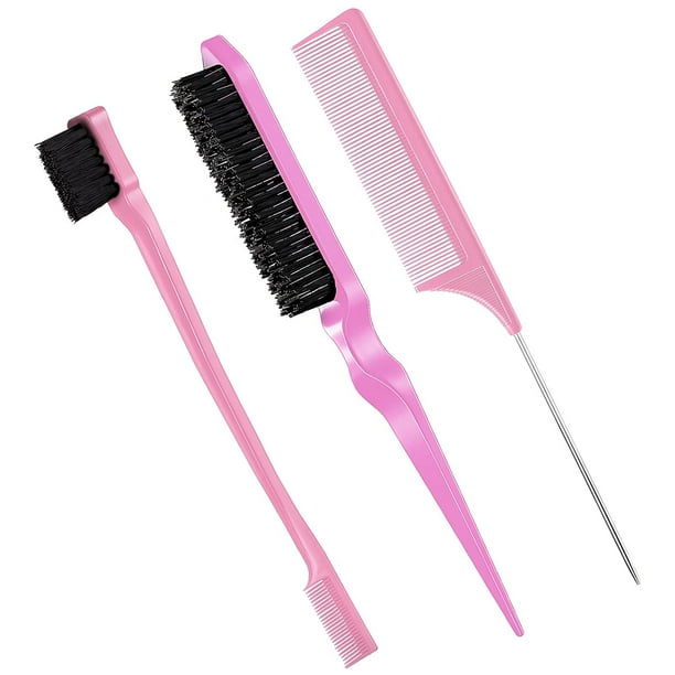Juego de 3 cepillos para el cabello con espalda lisa, cepillo para el cabello con cerdas, cepillo para controlar los bordes, peine para burlas, peine de cola de rata para mujeres, bebés, niños,