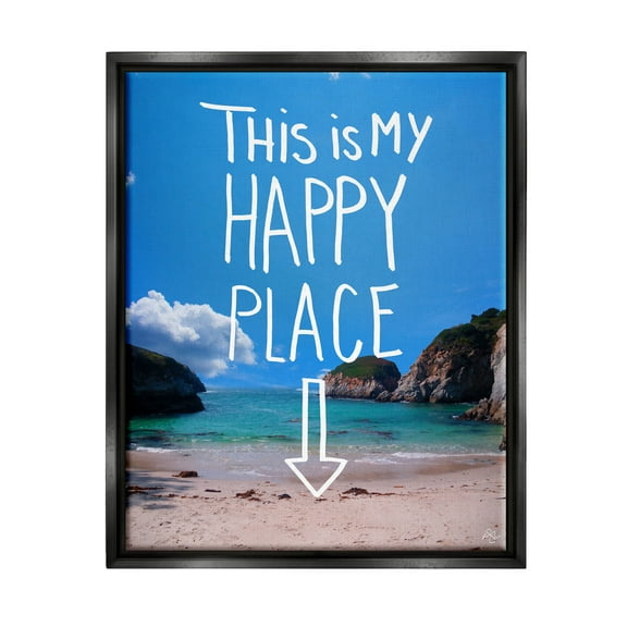 Stupell Industries My Happy Place Summer Beach Graphic Art Jet Black Floating Framed Canvas Print Wall Art, Design by K. Kaufman