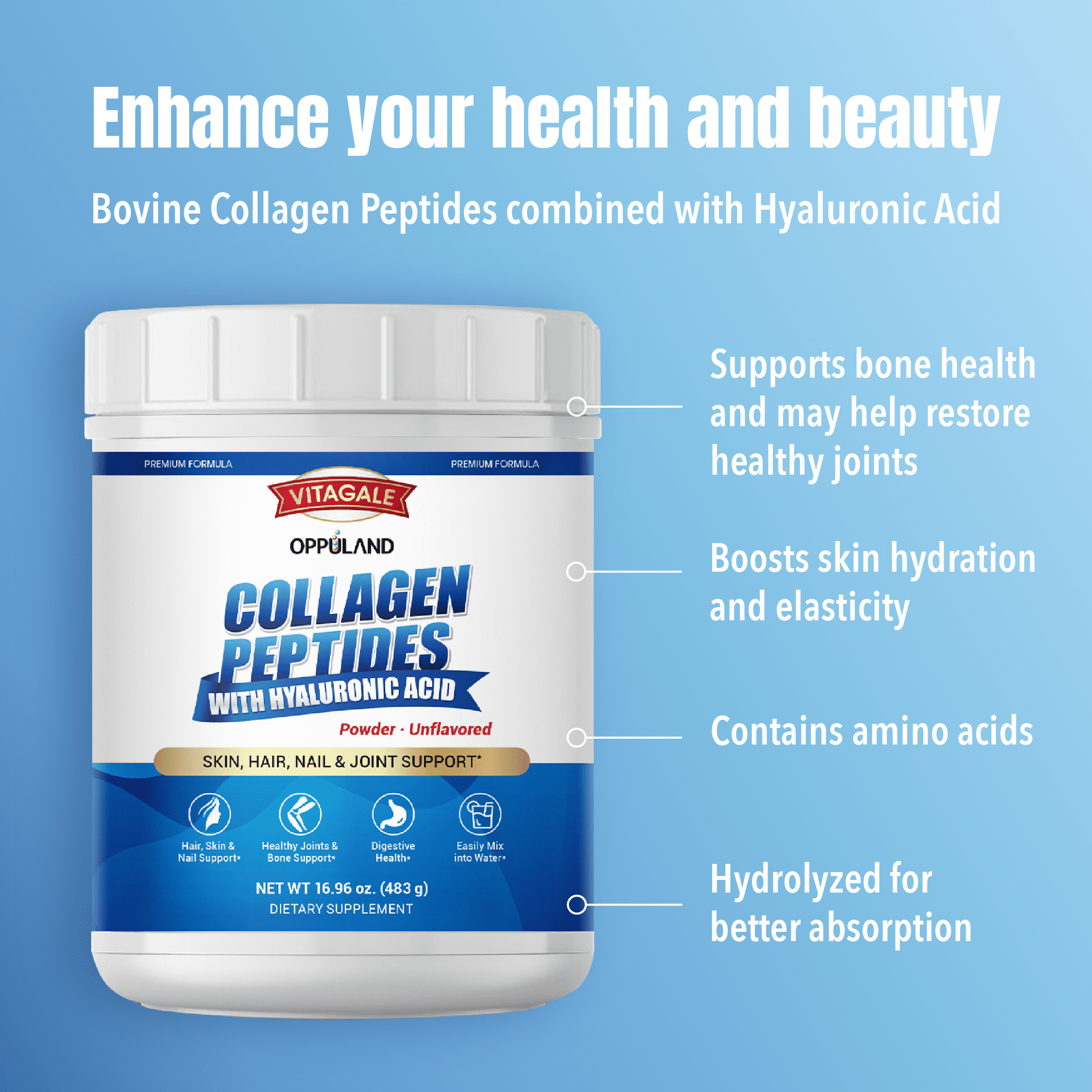 Oppuland Collagen Peptides - High-Quality Hydrolyzed Unflavored Powder for Youthful Skin, Strong Nails & Joint Support