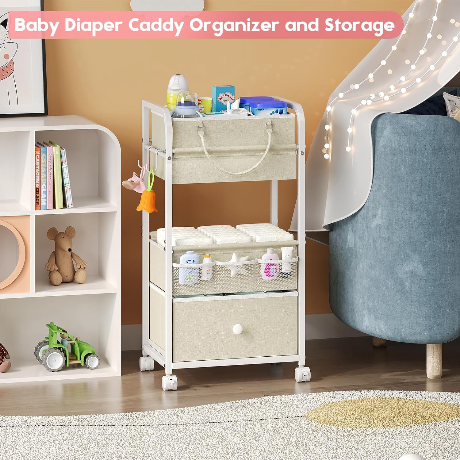 2-in-1  Diaper Caddy Organizer with 3 Tiers and Drawer, White Rolling Cart for Nursery Storage