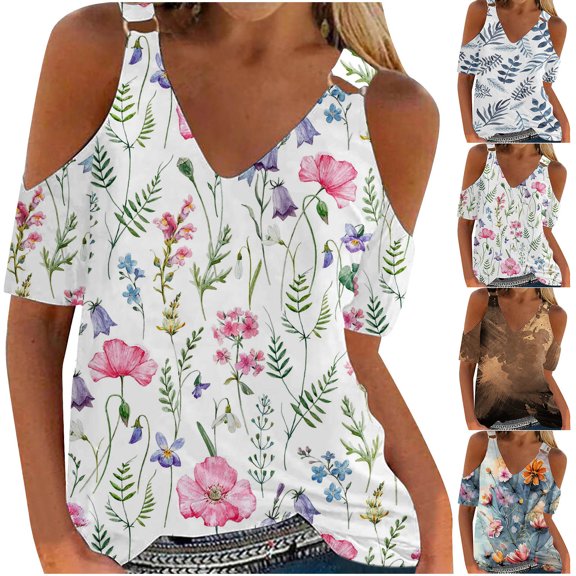 Fesfesfes Womens Tops Short Sleeve Women Summer Sexy T- Shirt Cold Shoulder Pullover Blouse V-Neck Short Sleeve Printed Tops Blouse Workout Shirts for Women 10(XL)