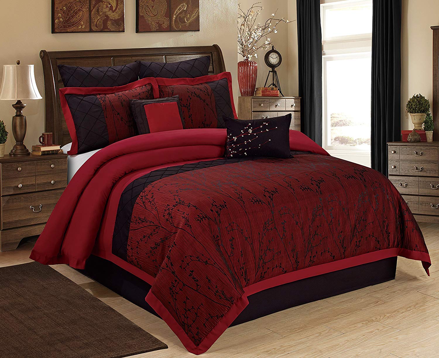 Betty Burgundy IR Bedspread 3 Piece Double Bedding Sets with 66 x 72 Pencil Pleat Curtain for Bedroom 