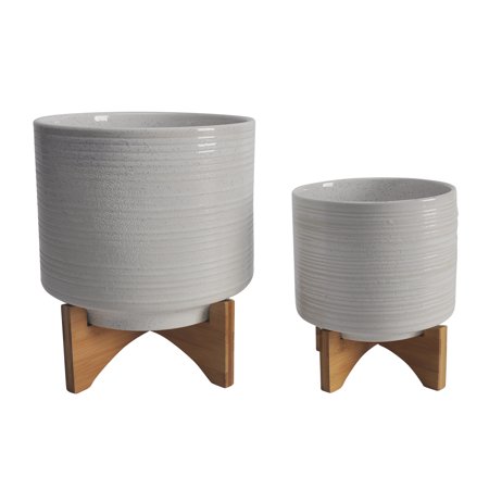 CoSoTower Ceramic S/2 8/10  Planter on Stand  Speckled White