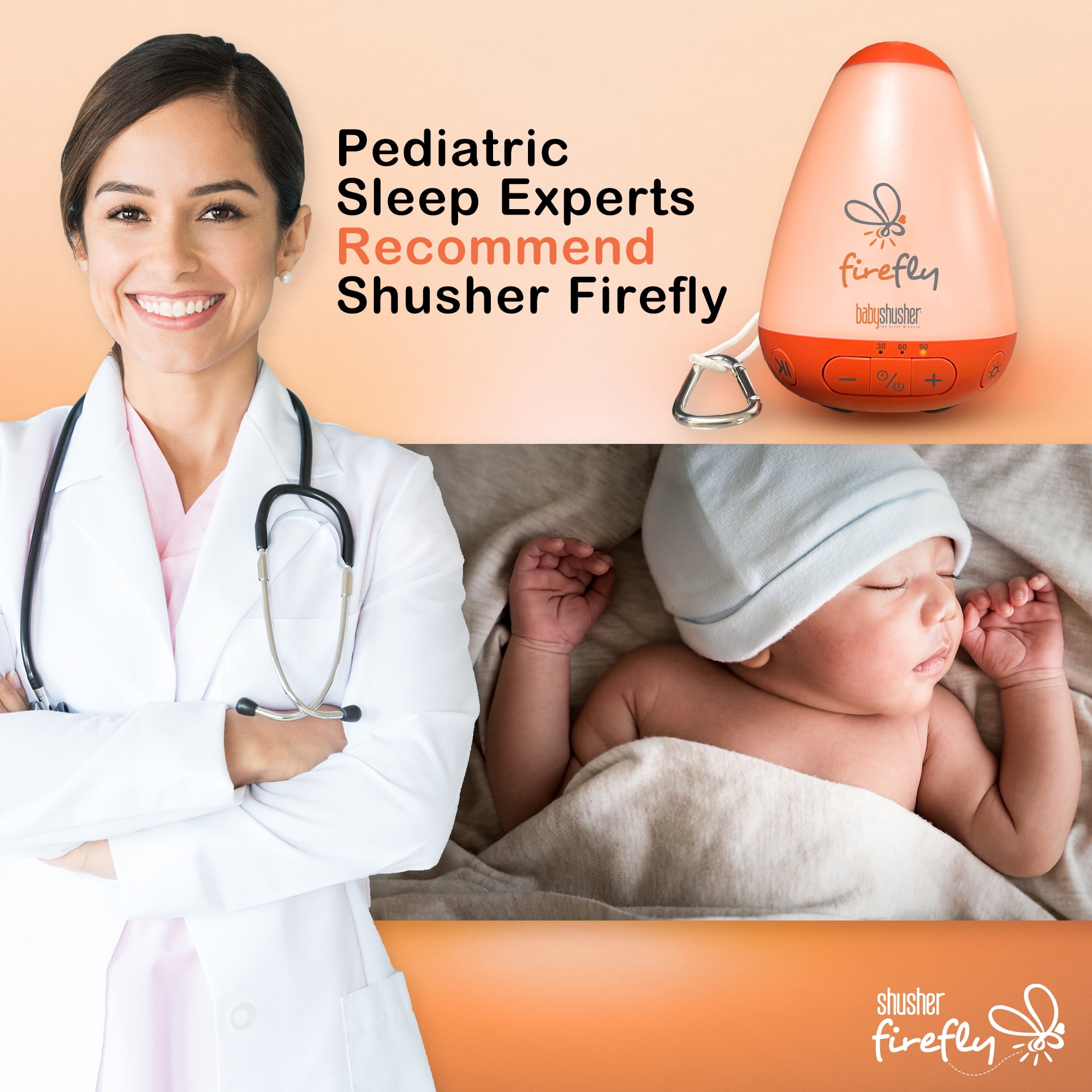 Shusher Firefly Sound Machine for Babies with Adjustable Amber Night Light for Newborns & Toddlers