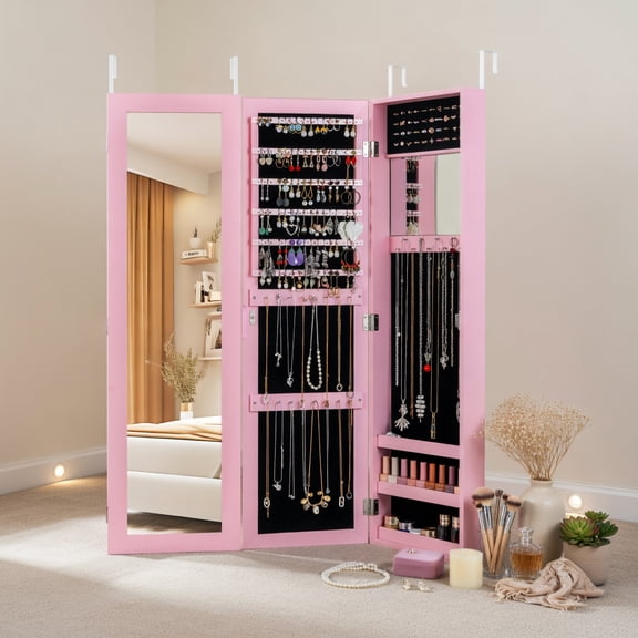 Resenkos Modern Wall-Mounted or Over-Door Jewelry Armoire with Full-Length & Makeup Mirrors – Pink Velvet-Lined Jewelry Cabinet for Necklaces, Earrings, Rings & More