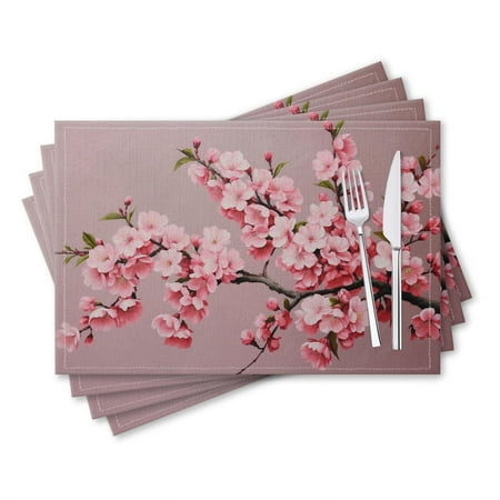 

BaHomeck placemats Set of 4 rectangle Linen Cotton Placemats for Dining Table Washable Heat Resistant 18*12inch Beautiful Peach Blossom Painting With Pink Background