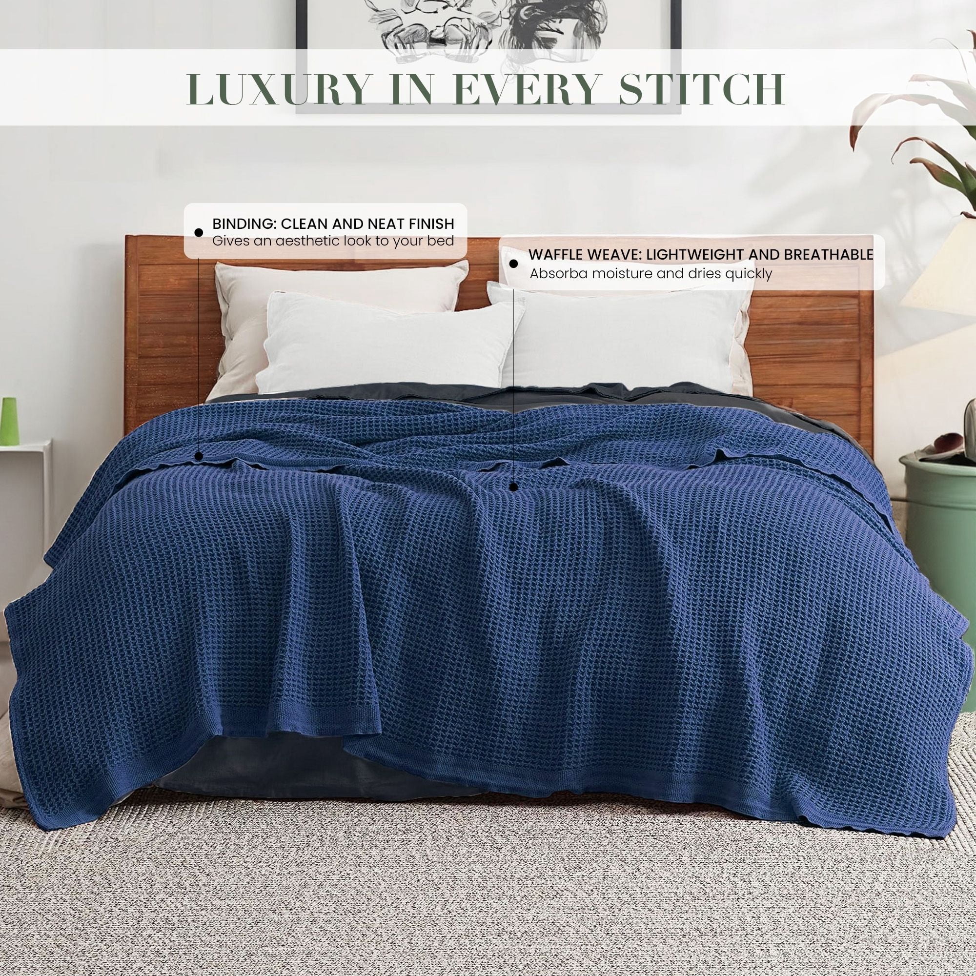 Top Cotton Twin Waffle Throw Blanket for Couch (68" x 92"), 100% Cotton Throw Blankets for Bed, Waffle Blanket for Bed (Navy)
