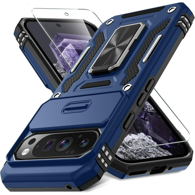 KOMI Case for Google Pixel 9/9 Pro with Slide Camera Cover+Screen Protector(1 Pack), Rotated Ring Kickstand Military Grade Shockproof Protective Cover-Navy Blue