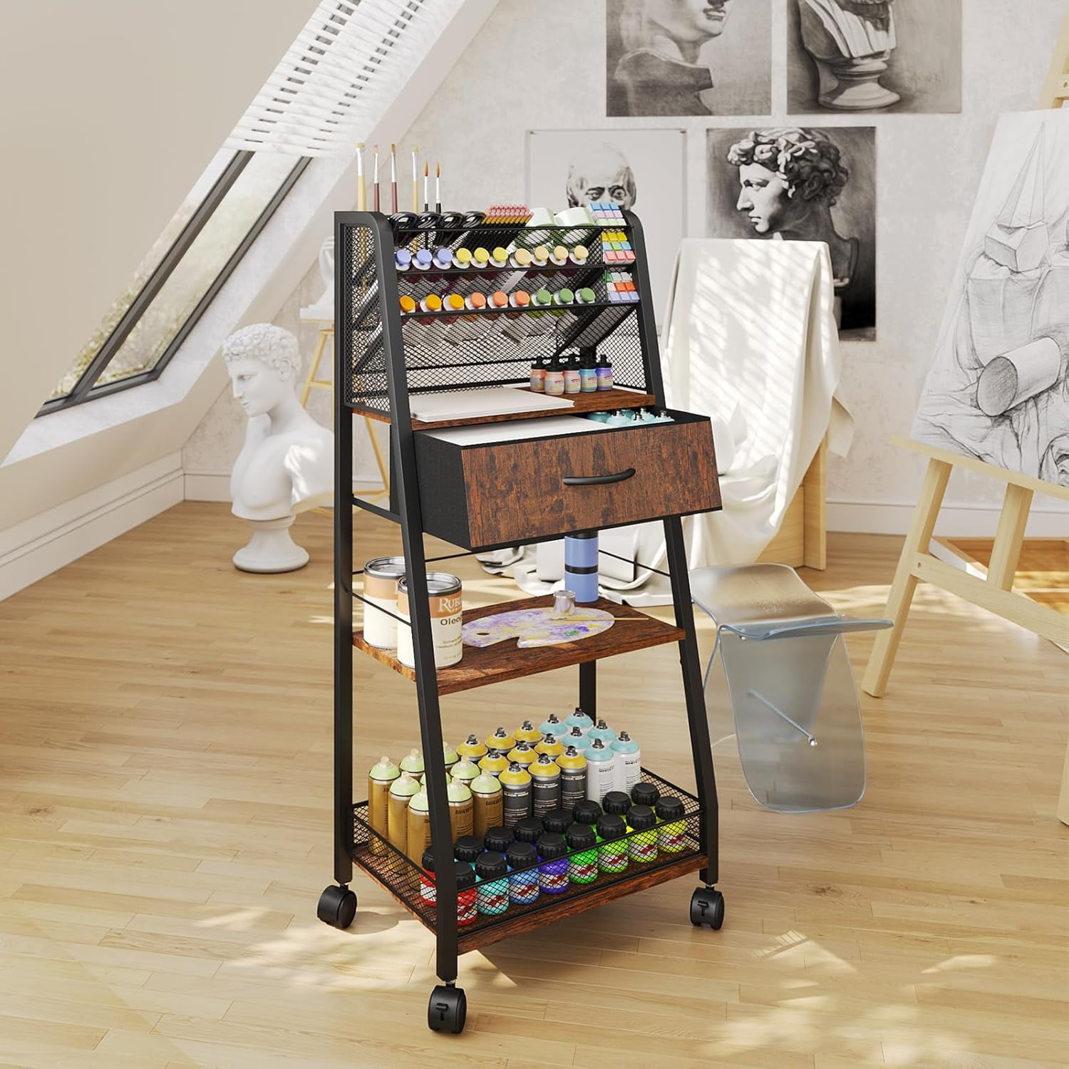 3 Tier Rolling Cart - Metal Utility Cart with Storage Drawer and Wheels, Versatile Art & Craft Organizer for Home, Office, or Studio - Ideal for Storing Brushes, Paints, and Supplies