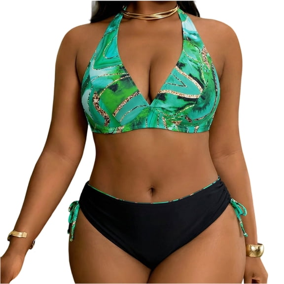 Women's Plus Size Swimwear Vintage Tie Back Halter Swimsuits with Bottom Tummy Control 2 Piece Bathing Suit