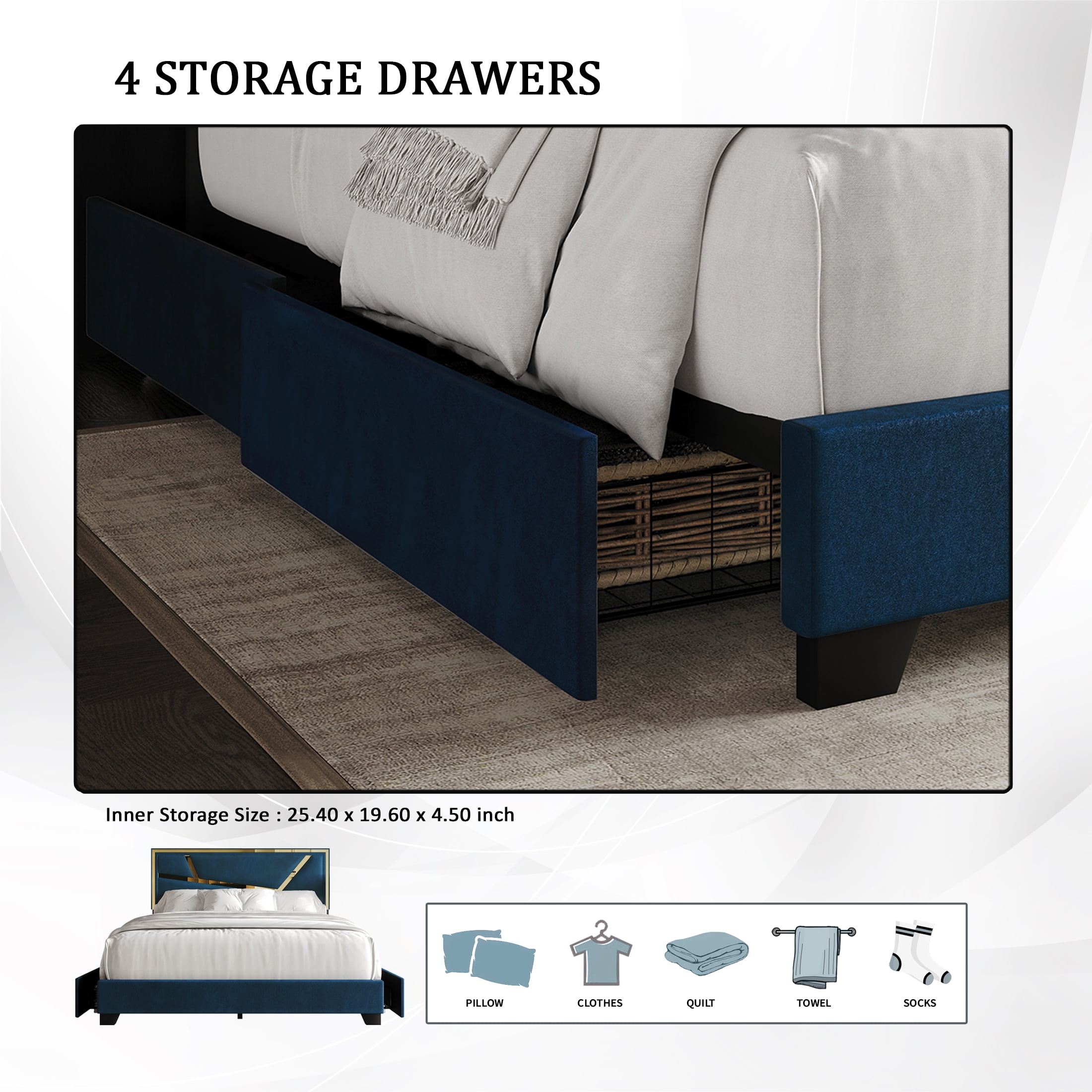Castle Place Luxe Haven Velvet King Platform Bed with 4 Storage Drawers, Navy Blue