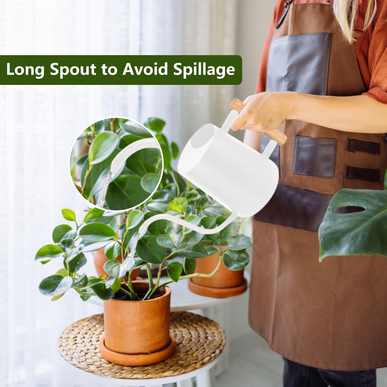 THHEIC 33 oz Metal Small Indoor Watering Can with Long Spout and Real Wood Handle, for House Plants, Succulents, Cacti, and Seedlings, White Color