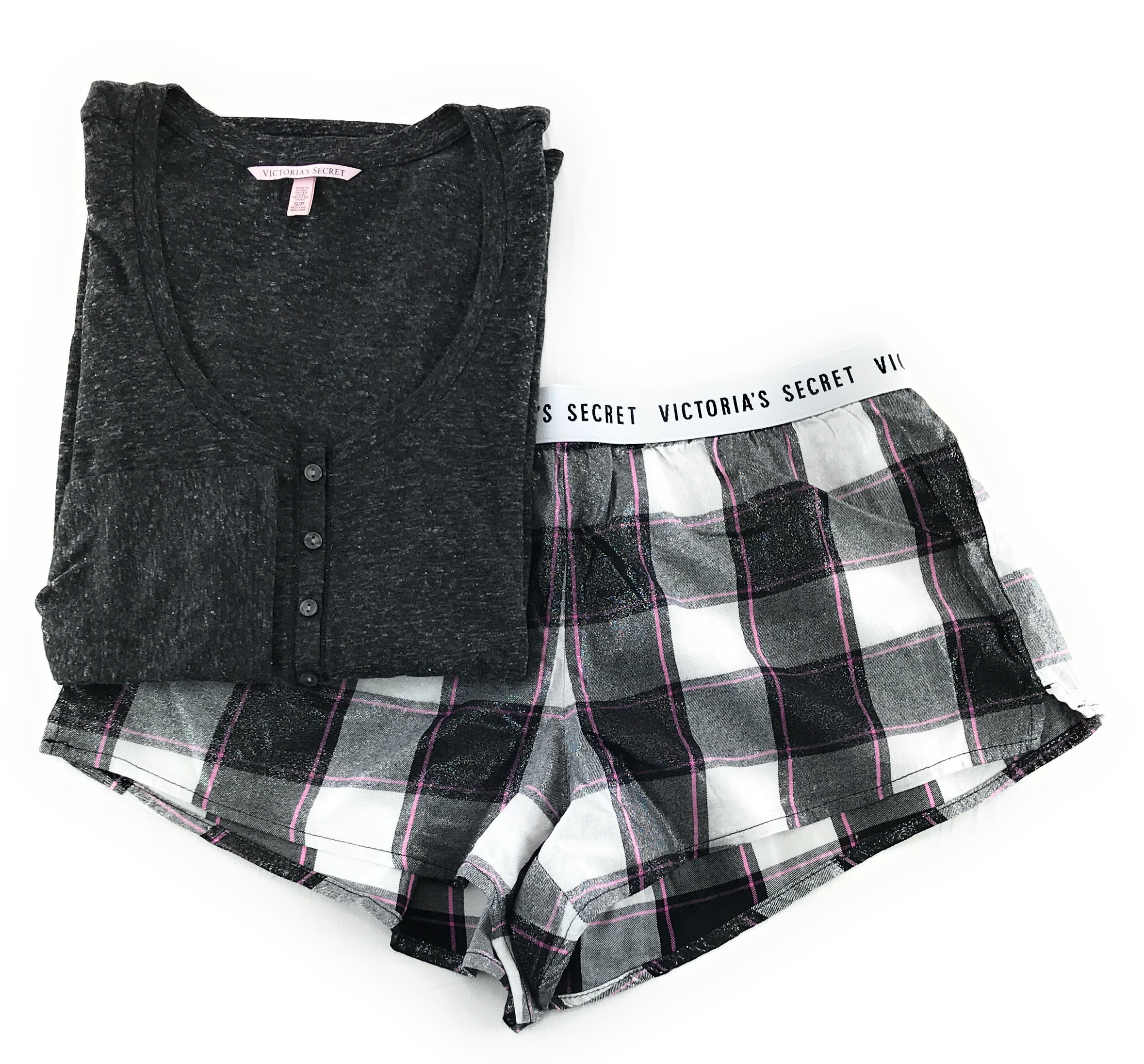 Victoria s Secret Pajama Set Dreamer Flannel Boxer Short and Long Sleeve Henley