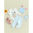 thumbnail image 5 of Elippeo Baby Girls Easter Infant Baby Girls Boys Pants Sets 3M 6M 12M 18M Long Sleeve Letter Bunny Print Romper Tops Striped Pants Hat Set, 5 of 10
