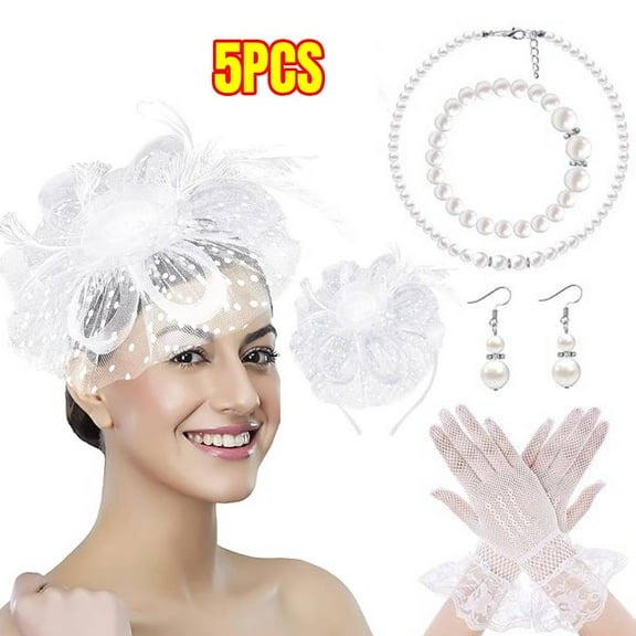 Vintage Fascinators Hat Set for Women Tea Party Hats Veil Mesh Feather Headband Lace Gloves Set Vintage Fascinator