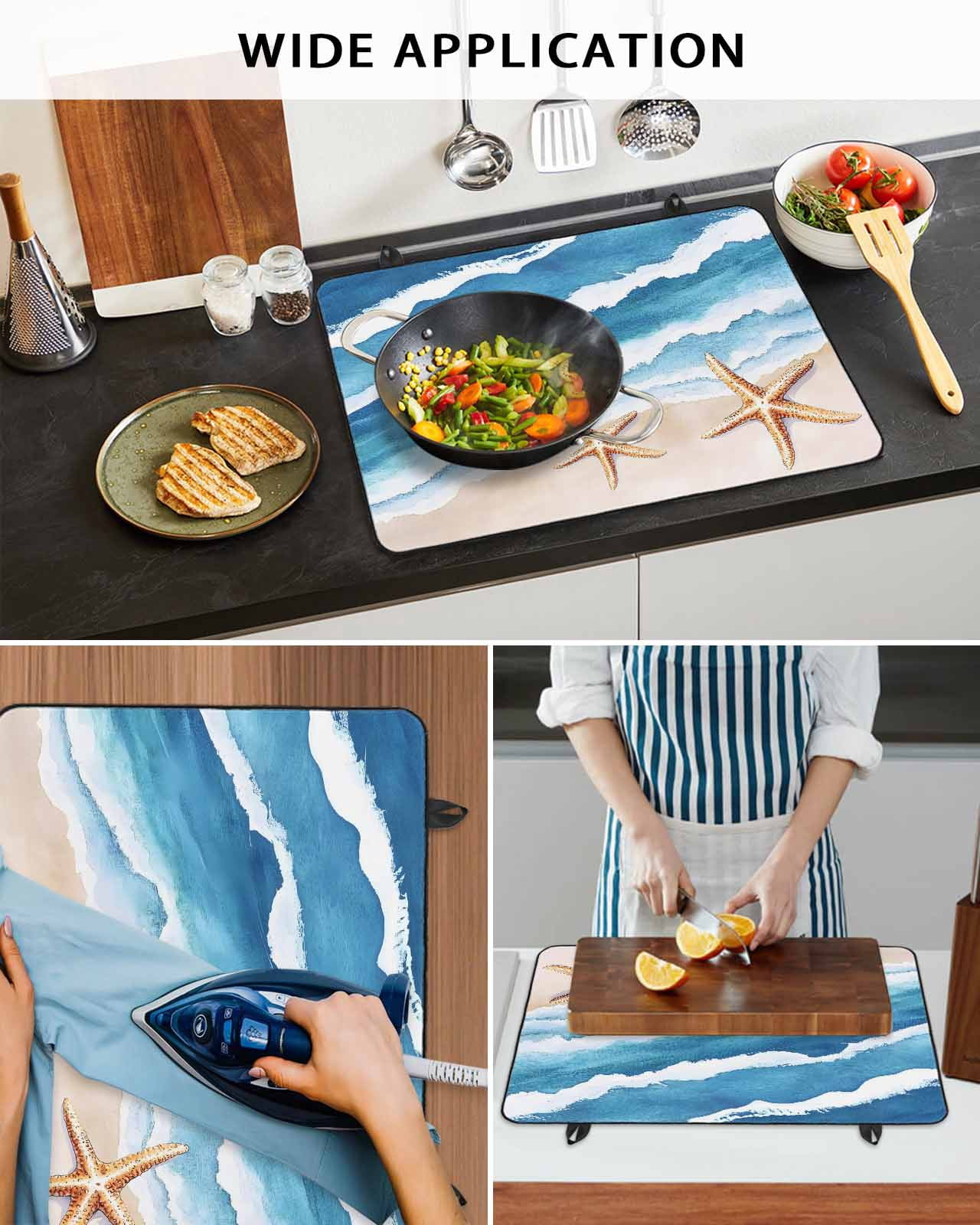 nqOlkjepod Large Induction Cooktop Protector Mat 24"x21", Blue Coastal Stove Top Covers for Electric Stove, Summer Beach Waves Nautical Starfish Stove Burner Cover Mats, Glass Top Stove Cover