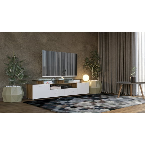 EVORA natural oak/ glossy white modern TV Stand with LED for up to 65"TV