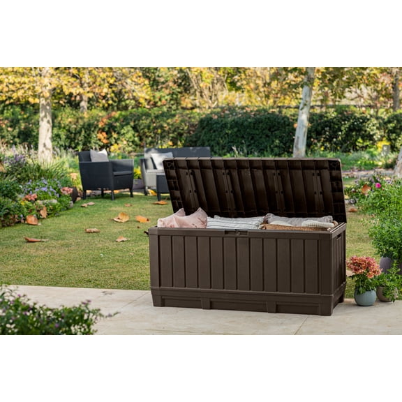 Keter Kentwood 92 Gallon Resin Deck Box-Organization and Storage for Patio Furniture Outdoor Cushions, Throw Pillows, Garden Tools and Pool Floats, Brown