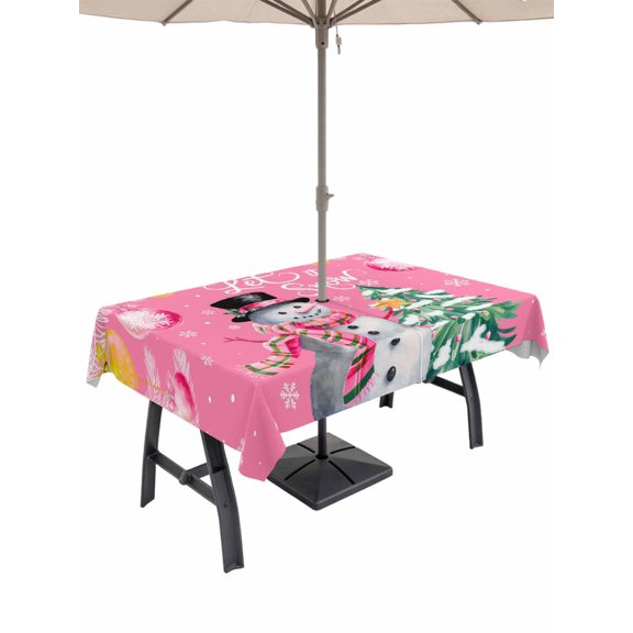 Outdoor Tablecloth with Umbrella Hole and Zipper, Pink Snowman Christmas Rectangle Table Cloth 54x80 Inch Waterproof Tablecloth, Xmas Tree Ball Winter Snowflake Picnic Table Cover for Patio Camping