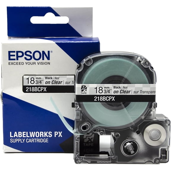Epson LABELWORKS 218BCPX - Black on Clear PET Label Maker Tape - 3/4" (18MM) Wide, 30'