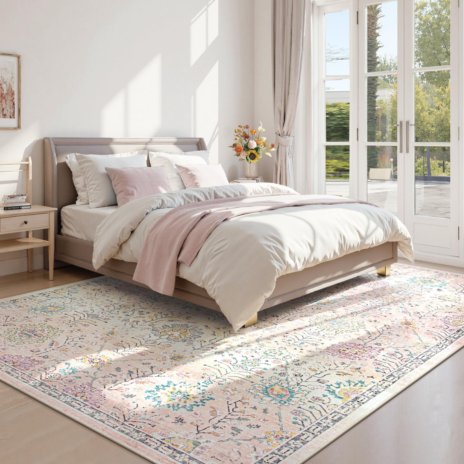 Wonnitar 8'x10' Pink Boho Area Rug, 8x10ft Rugs for Bedroom Girls Large Living Room Area Rugs Soft Floral Playroom Rug, Washable Rugs Non Slip Pastel Rug for Bedroom Living Room Carpet