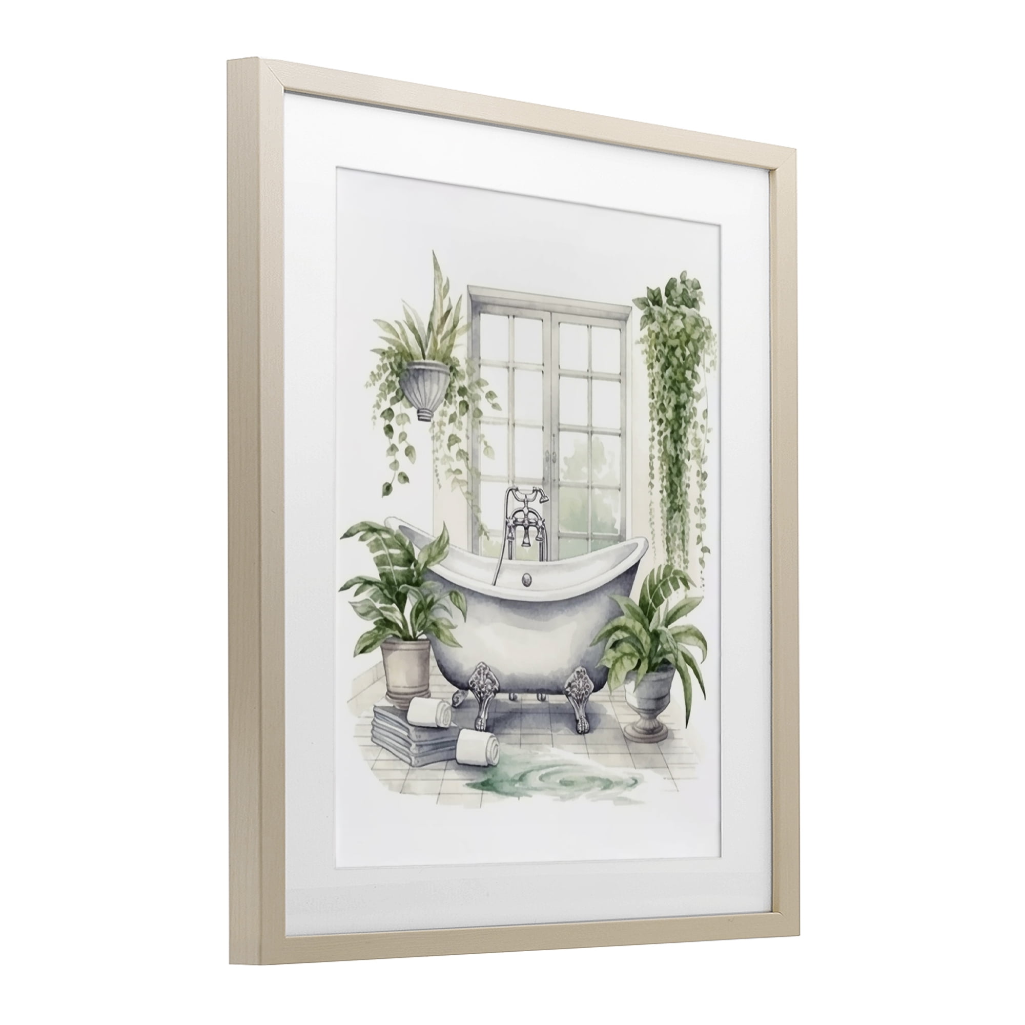 Lush Greenery Bathtub & Window Birch Framed Print Under Glass, design by Lettered and Lined