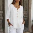 thumbnail image 2 of Solid Color 3/4 Sleeve V Neck T Shirt for Women Casual Buttoned Pullover Tops Loose Fit Lightweight Soft Tees for Summer Daily Outfits and Loungewear, 2 of 7