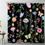 Butterfly and Floral Shower Curtain for Bathroom,Country Wildflower and Green Leaf Botanical on Black Fabric Shower Curtain with Hooks,Farmhouse Vintage Bathroom Curtain Shower Set, 72x78 inches