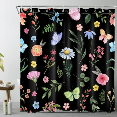 Butterfly and Floral Shower Curtain for Bathroom,Country Wildflower and Green Leaf Botanical on Black Fabric Shower Curtain with Hooks,Farmhouse Vintage Bathroom Curtain Shower Set, 69x70 inches