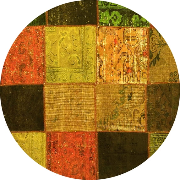Ahgly Company Machine Washable Indoor Round Patchwork Yellow Transitional Area Rugs, 5' Round