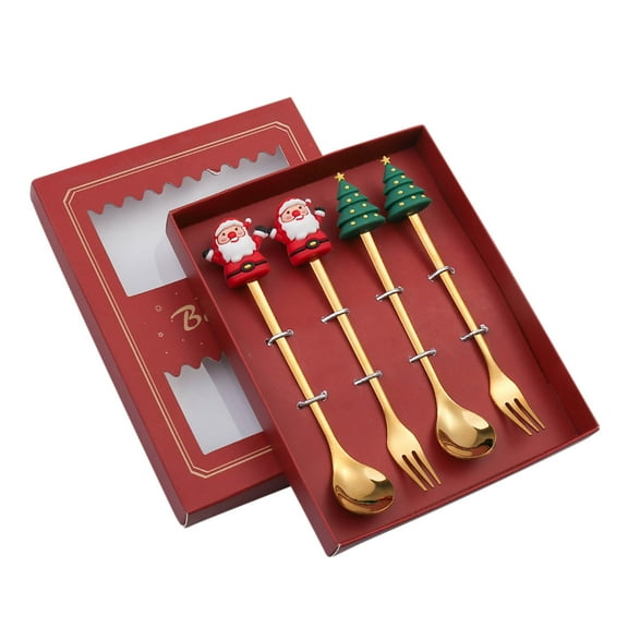 Vikakiooze 4PCS Stainless Steel Christmas Spoon Gift Set Dessert Spoon Fork Coffee Spoon Christmas Pendant Spoon Tableware Set 2023