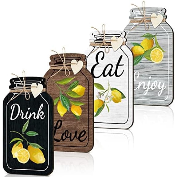 4 Pcs Lemon Kitchen Wall Decor Mason Jar Shaped Wooden Rustic Home Decor for Kitchen Dining Room Bar Cafe Porch Decorations$$Home Decor, Kitchen, & Other
